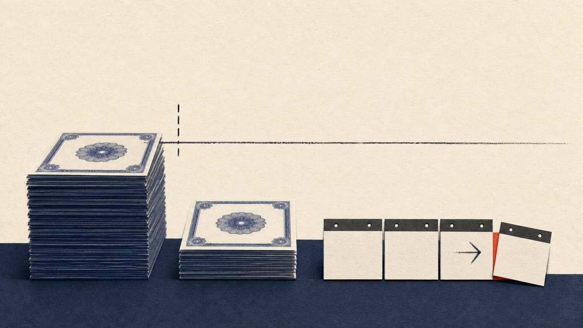 Two unequal stacks of share certificates beside a row of date tiles, one tile pushed outward and a ruler marking a threshold line.