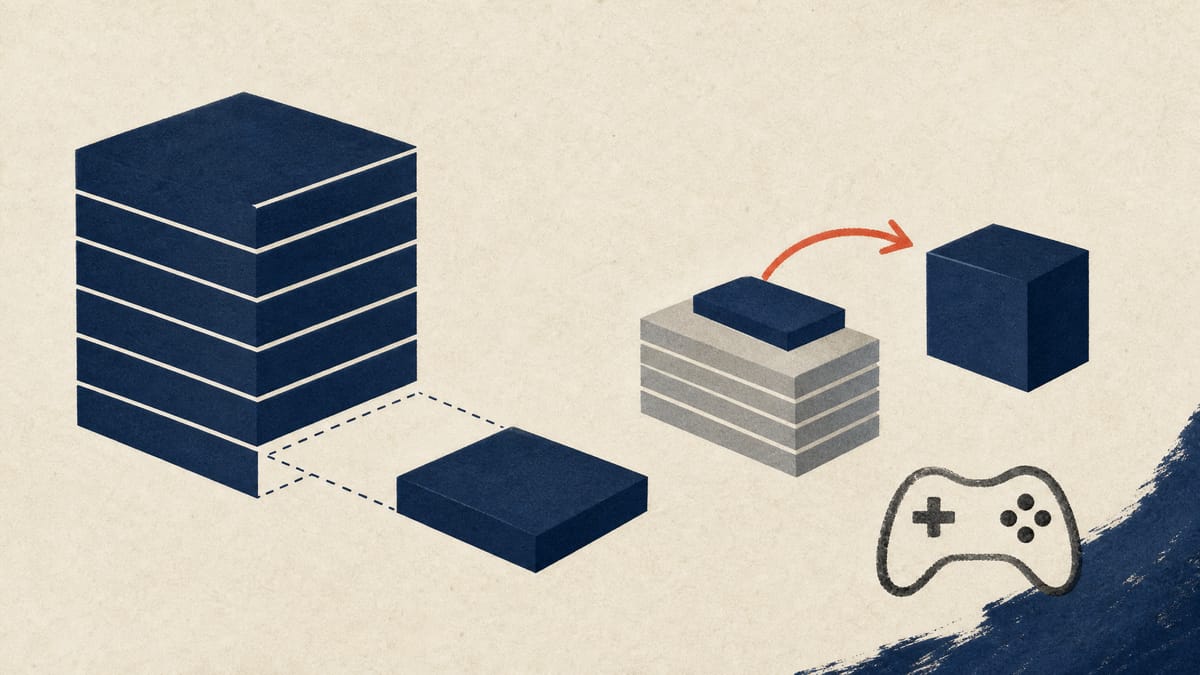 Abstract diagram of a large stake block set apart from a stack of share blocks, with an arrow moving a smaller block toward a separate buyer block and a game-controller outline in the corner.