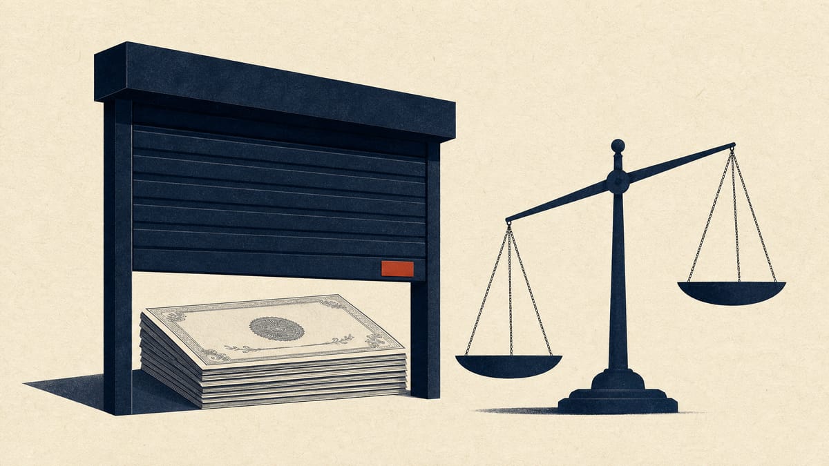 A half-lowered security gate over stacked share certificates beside a tilted balance scale, illustrating a court block on a takeover defence.