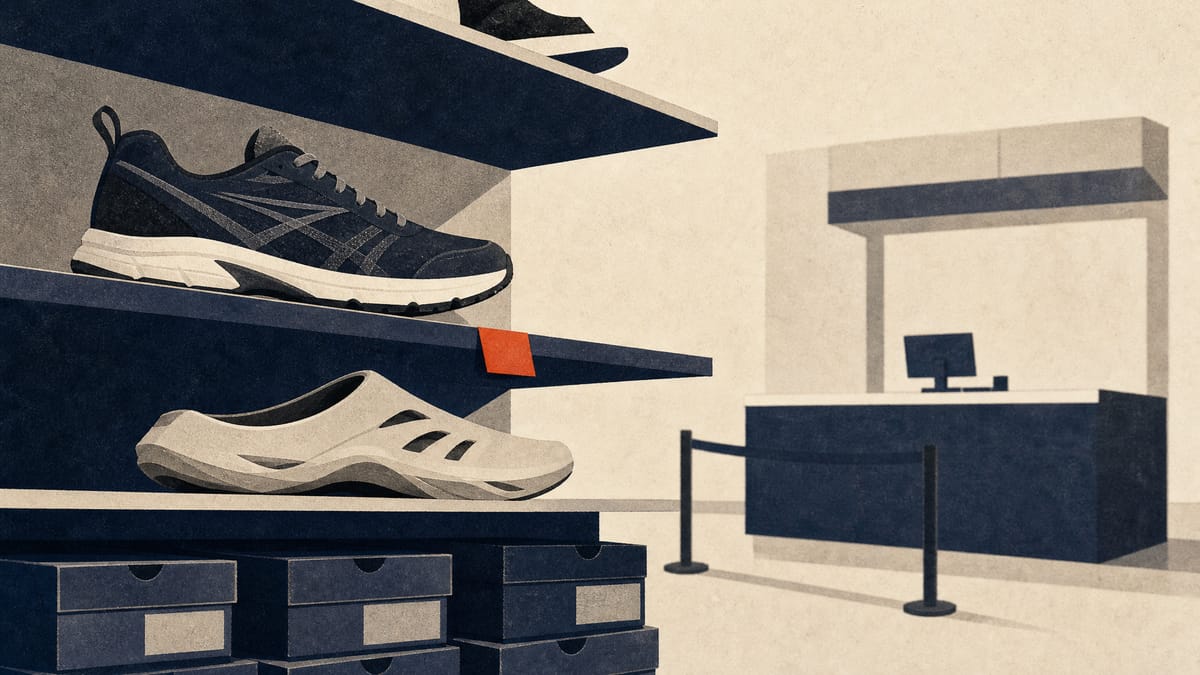 A shoe store wall of running shoes and sandals stacked in boxes, with a tax-free refund counter blurred in the background.