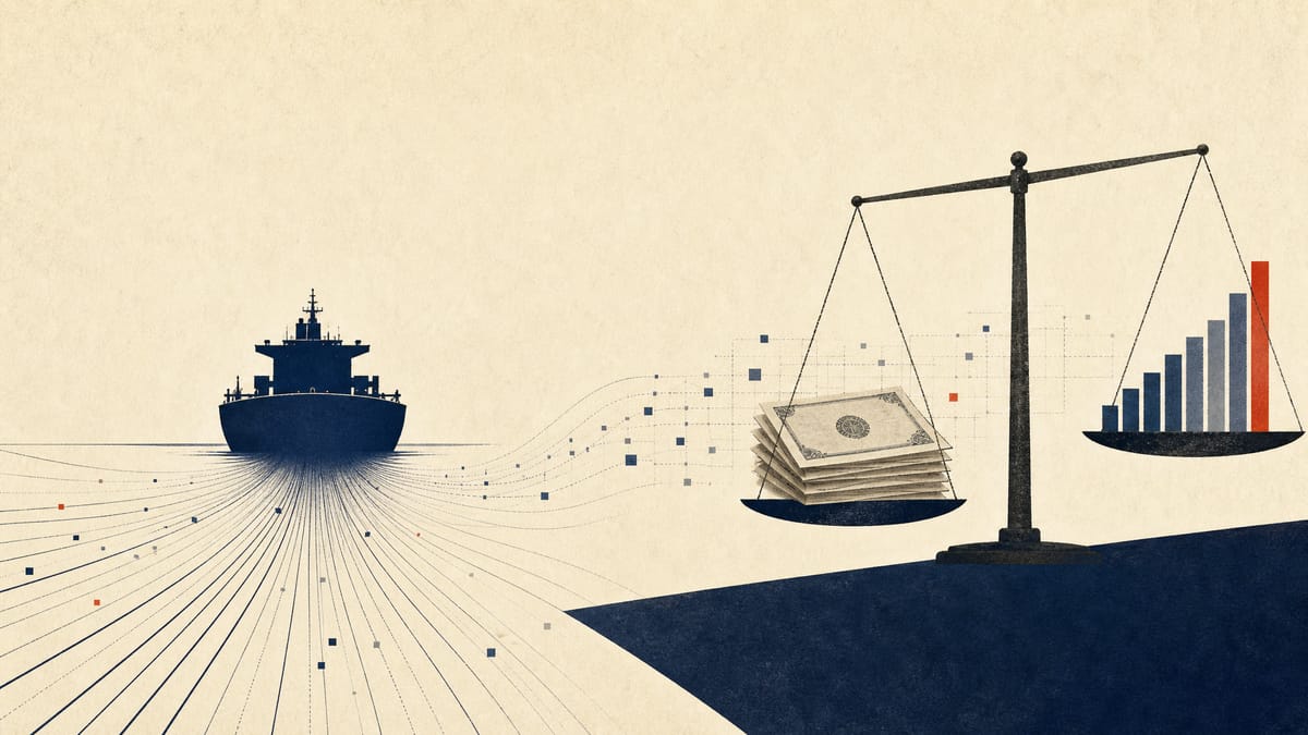 Illustration of ship-tracking lines and a balance scale weighing bonds against rising stock bars, representing AI's competing effects on financial conditions.