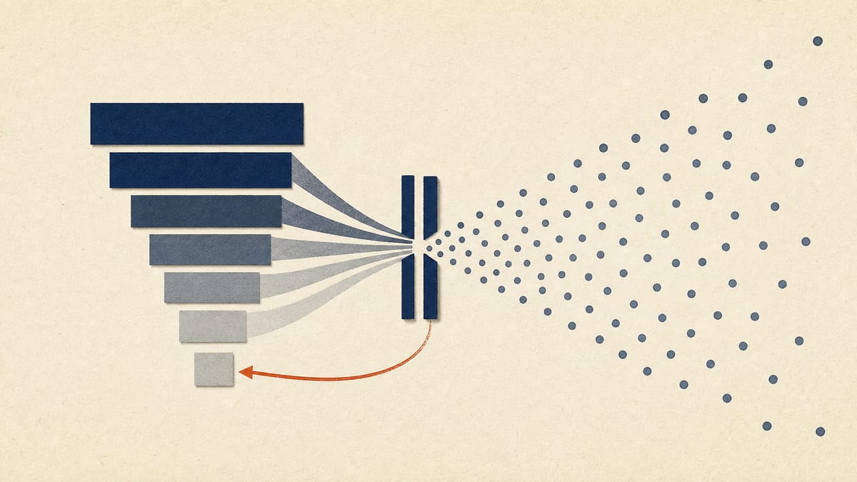 Abstract diagram of seven large blocks of shares passing through a gate into many small dots, with a smaller arrow looping back to one block to suggest a buyback