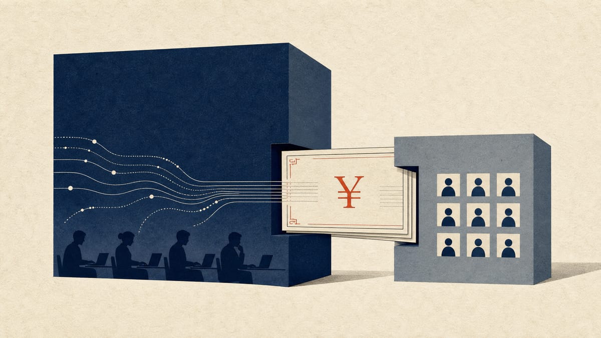 Abstract editorial illustration of a small AI consulting team block being joined to a larger marketplace grid, linked by ledger sheets and data lines.