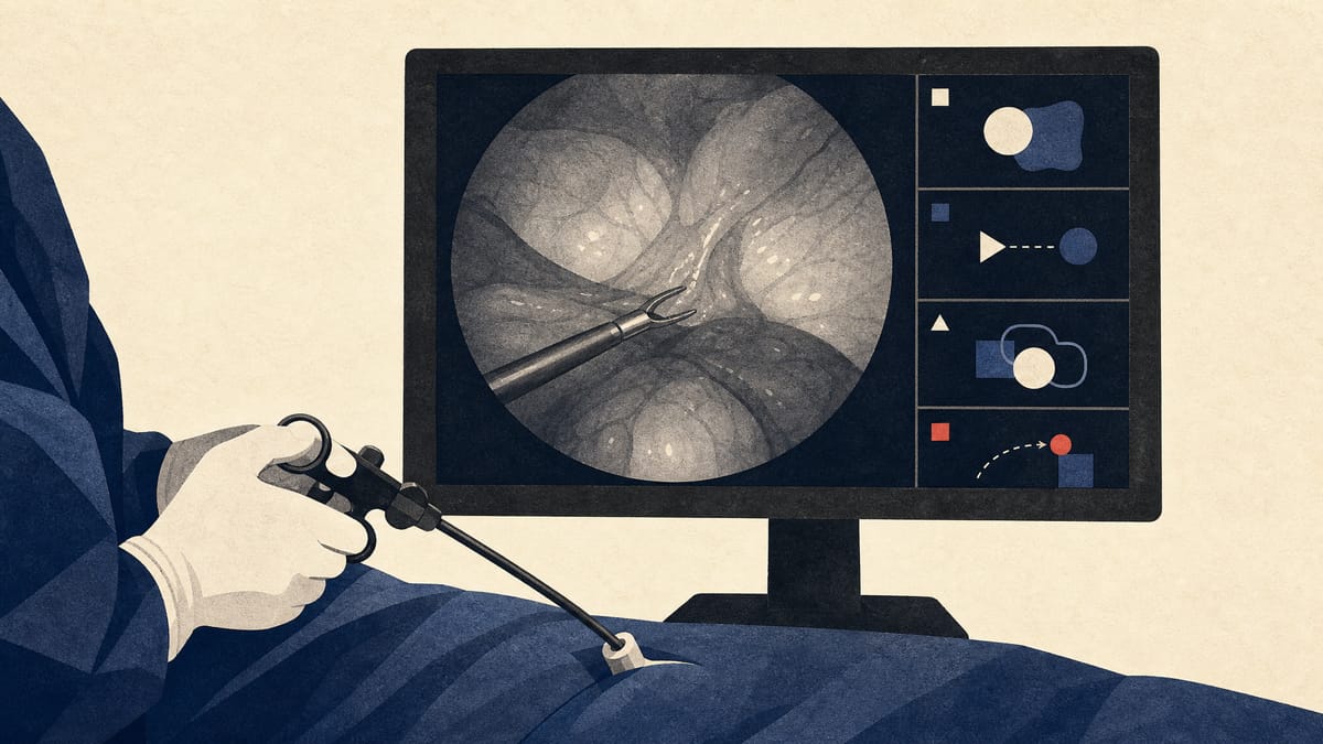 An endoscopic surgery monitor in an operating room, with four abstract panels beside the video feed representing a surgical AI model's structured output.