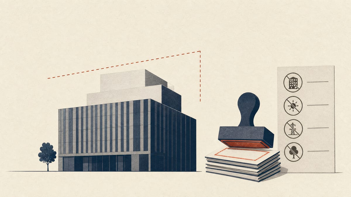 Stylised office building massing under a dashed height-limit plane beside a stack of approval stamps and a checklist of icons