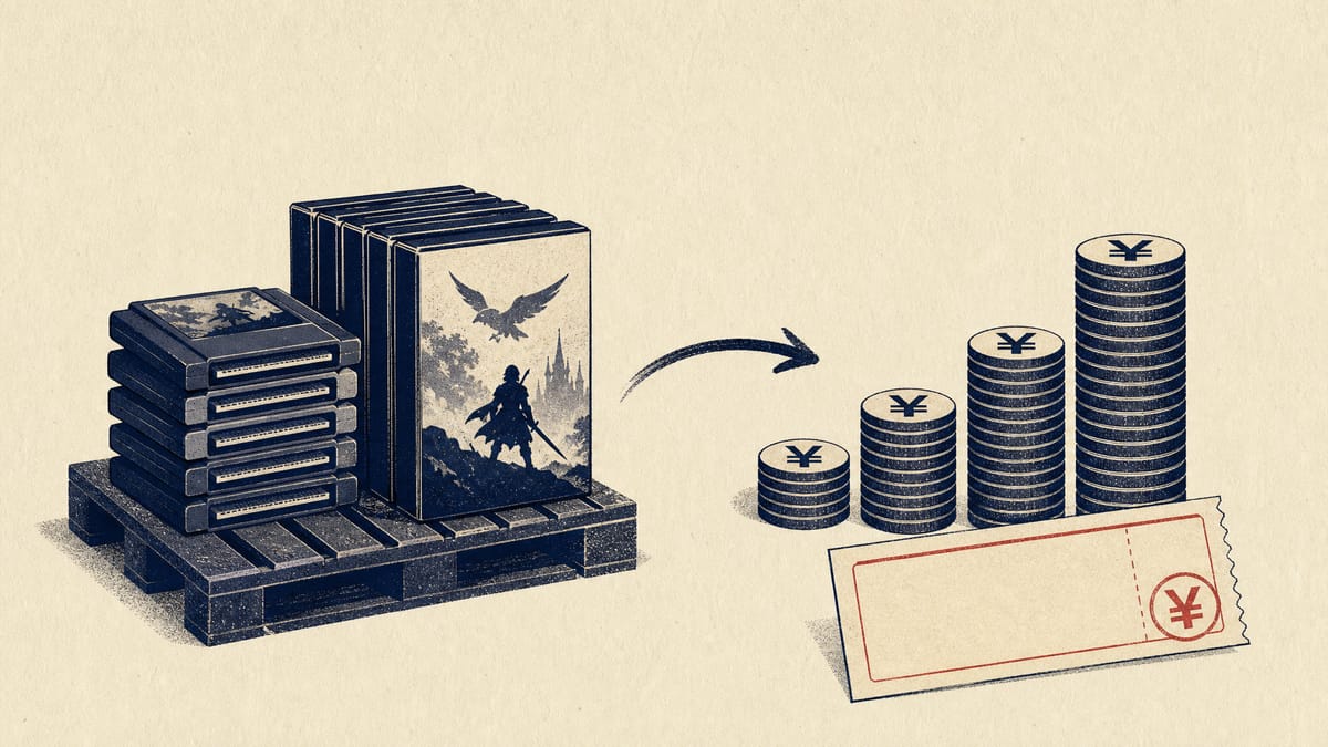 Boxed video game copies on a pallet next to stacked coins and a rising bar chart, suggesting game sales feeding profit and dividends.