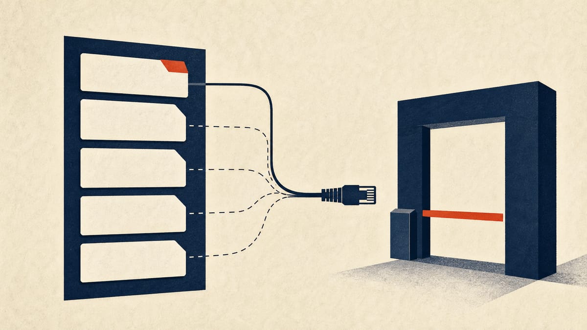 Illustration of a ledger of blank listing cards with one highlighted, linked by a data cable to a registration checkpoint gate.