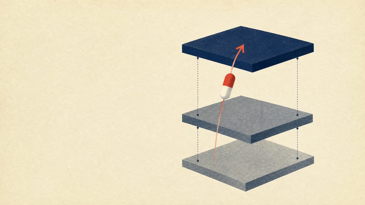 Abstract illustration of a pharmaceutical capsule moving up from the lowest of three stacked market tiers to the top tier.