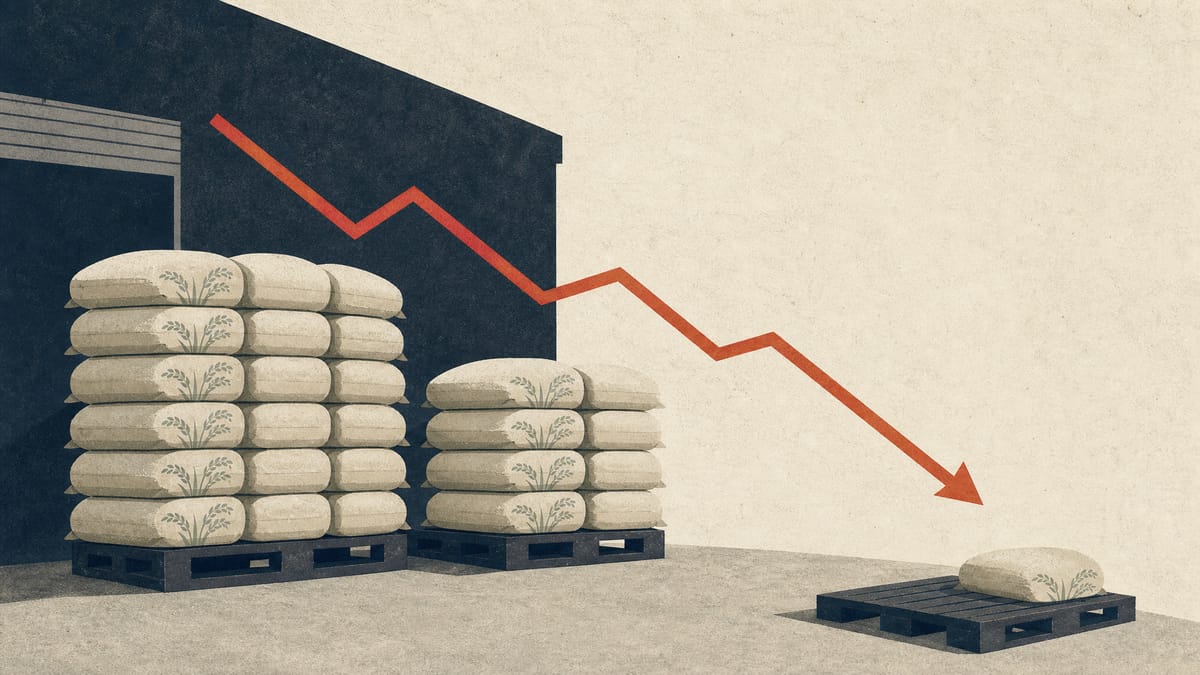 Stacked rice sacks in a warehouse beside a downward-sloping price line, illustrating falling rice prices and cleared inventory