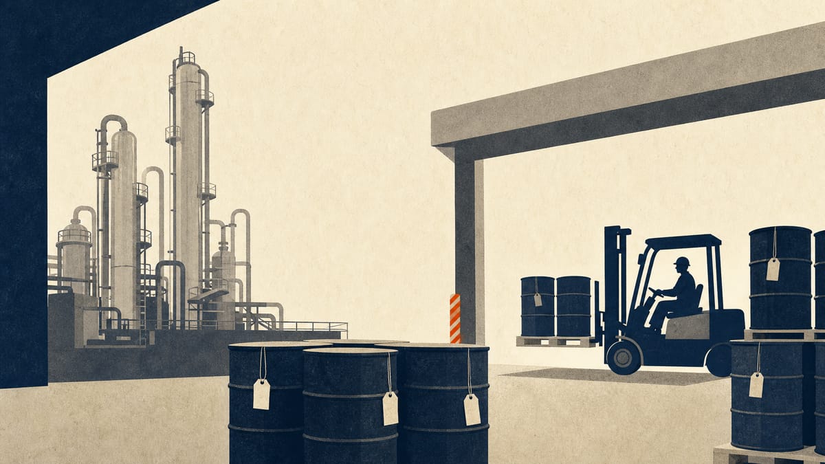 Distillation columns and drums inside a chemical plant, with pallets being moved toward a loading bay.