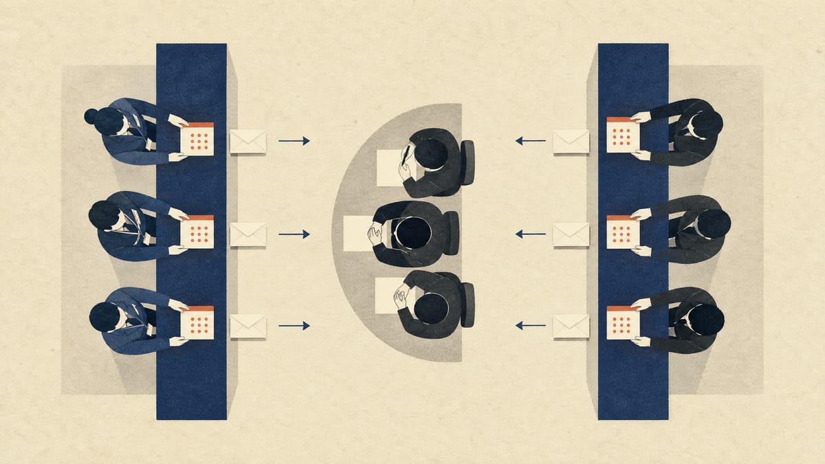 Illustration of public and private service counters feeding bids to an evaluation panel.
