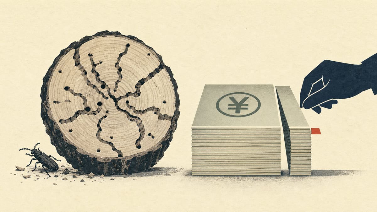 A cross-section of a tree trunk riddled with insect tunnels next to a ledger split into two unequal columns, with a thin slice being drawn away.