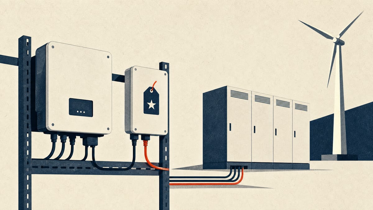 A network gateway and solar inverter wired to battery storage cabinets, with a small certification badge on the gateway