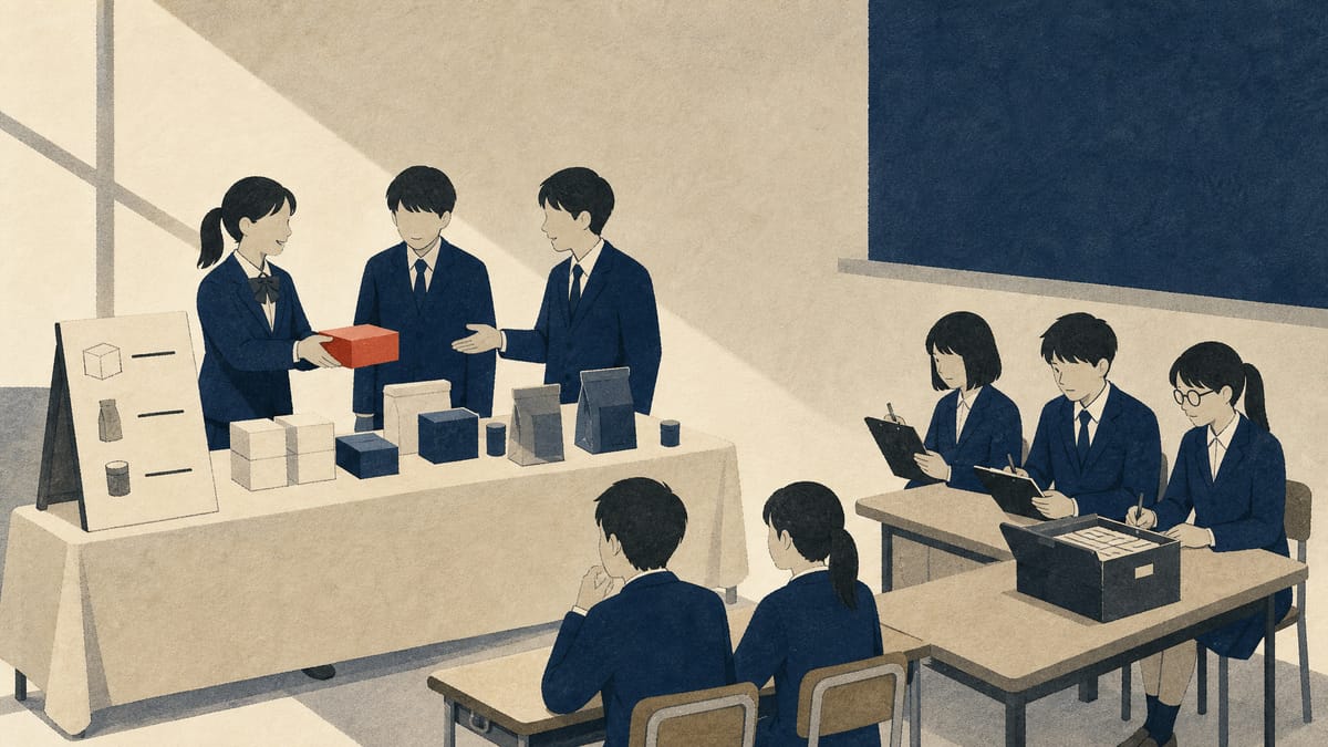 Students in a classroom run a mock marketplace, with a product demonstration table, shoppers at desks and a group playing investigators.