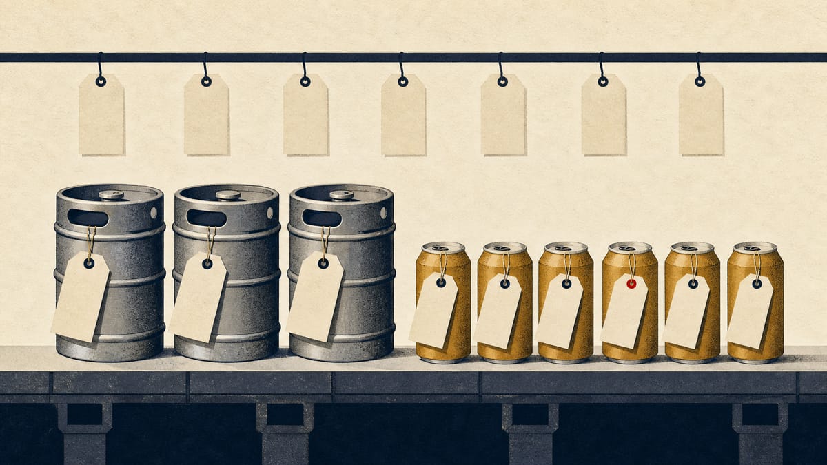 Beer kegs and cans on a loading dock with blank evidence tags and hanging price tags, illustrating an antitrust inquiry into alcohol pricing.