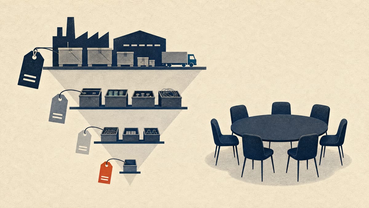 Illustration of stacked supply-chain tiers of crates and bins with price tags thinning at deeper levels, beside an empty panel table.