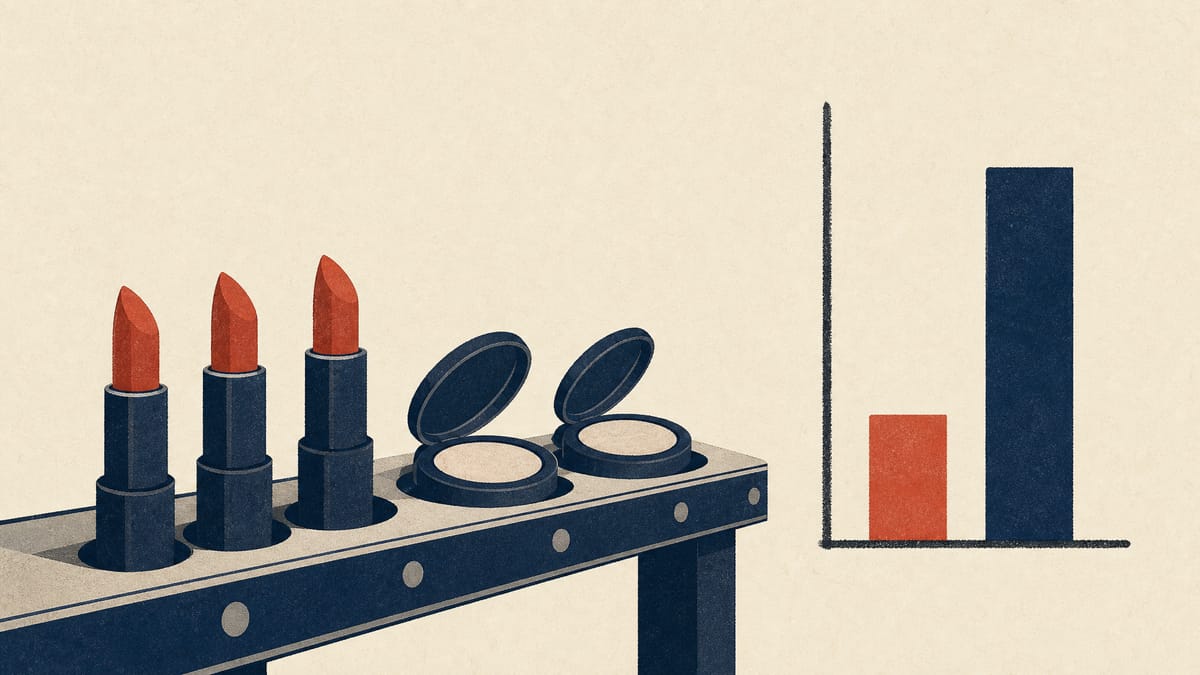 Editorial illustration of a cosmetics production line with a bar chart contrasting a short and a tall bar.