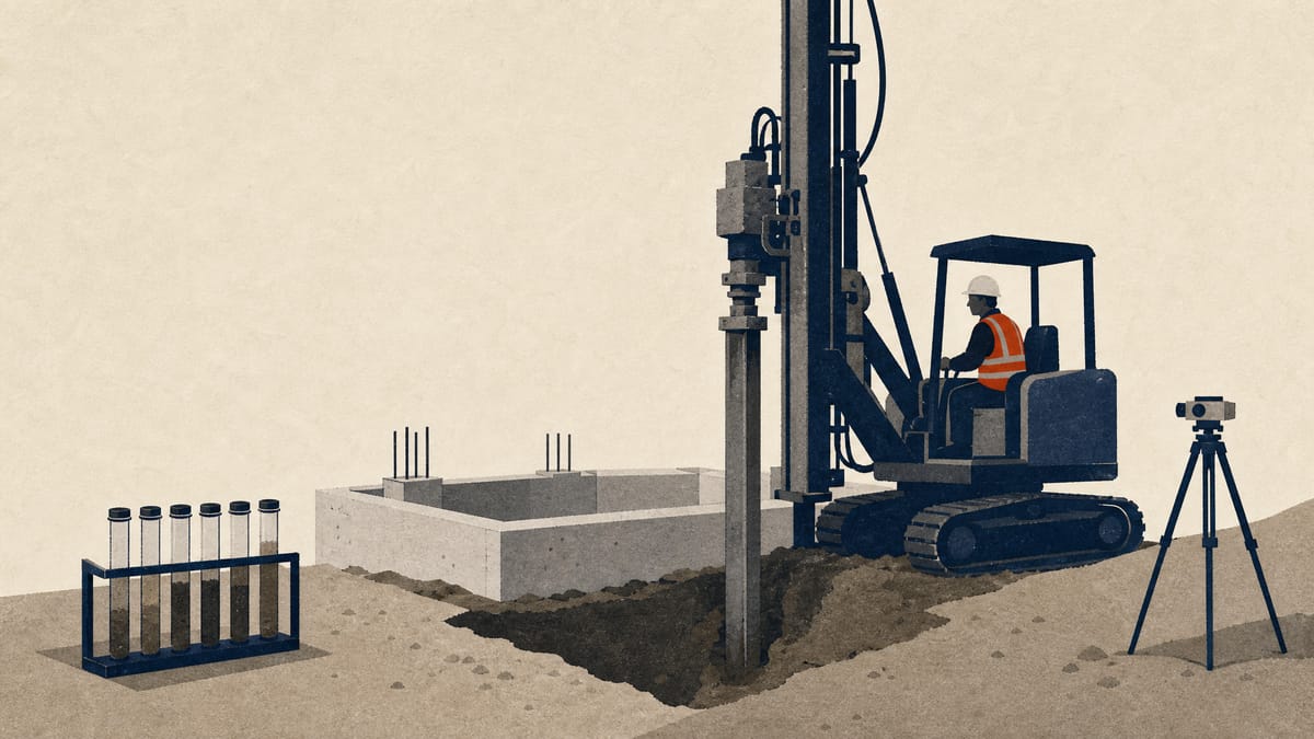 Ground-reinforcement rig installing piles at a house foundation site, with soil sampling tubes and a survey tripod nearby.
