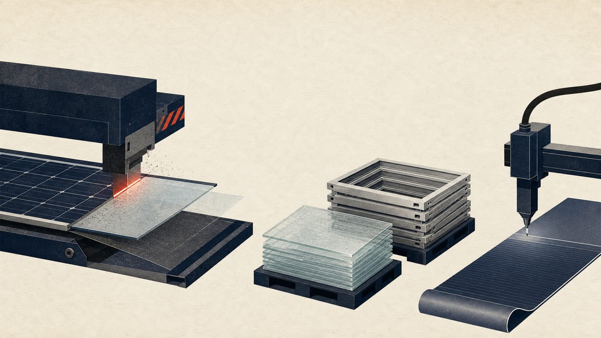 Industrial line separating glass from solar panels next to an inkjet coating head over a thin-film substrate