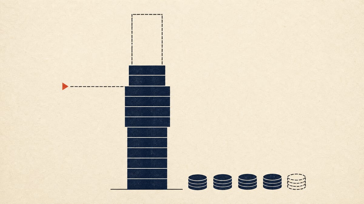Abstract gauge filled with stacked blocks of increasing width, representing a shareholder gradually raising its ownership stake past a threshold line.