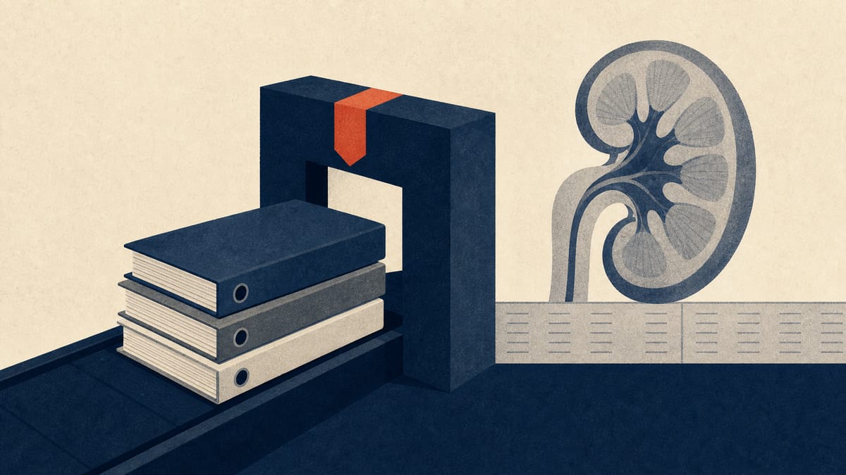 Illustration of stacked regulatory submission binders passing through a checkpoint gate beside a stylized kidney outline.