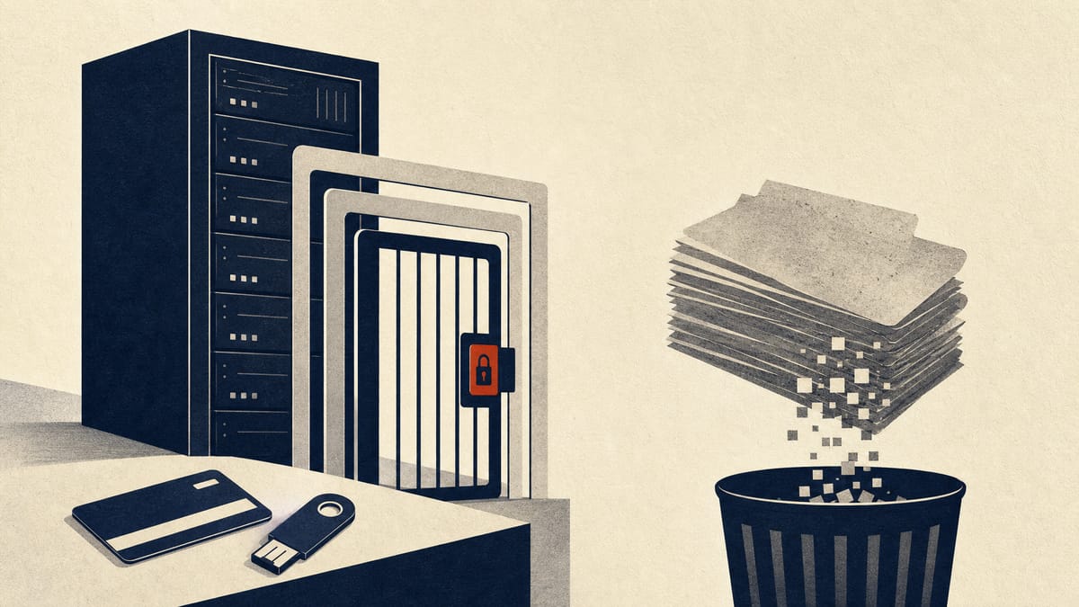 Illustration of a server rack behind a layered access gate with a security key, and old data records being fed into a deletion bin.