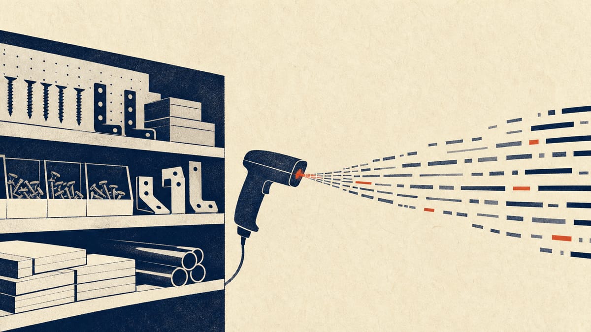 Illustration of hardware-store shelves of tools and building materials feeding a stream of transaction data through a point-of-sale scanner.