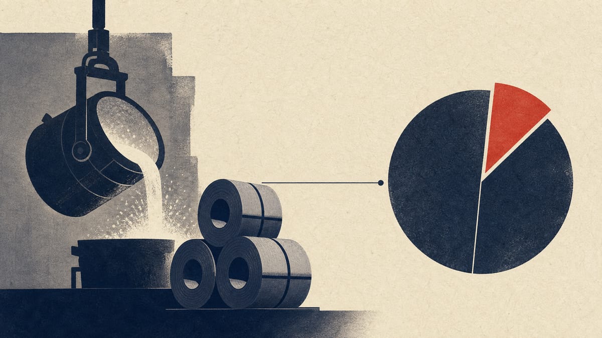 Editorial illustration of molten steel pouring from an electric furnace beside coiled steel sheets, with a diagram showing a small ownership slice.
