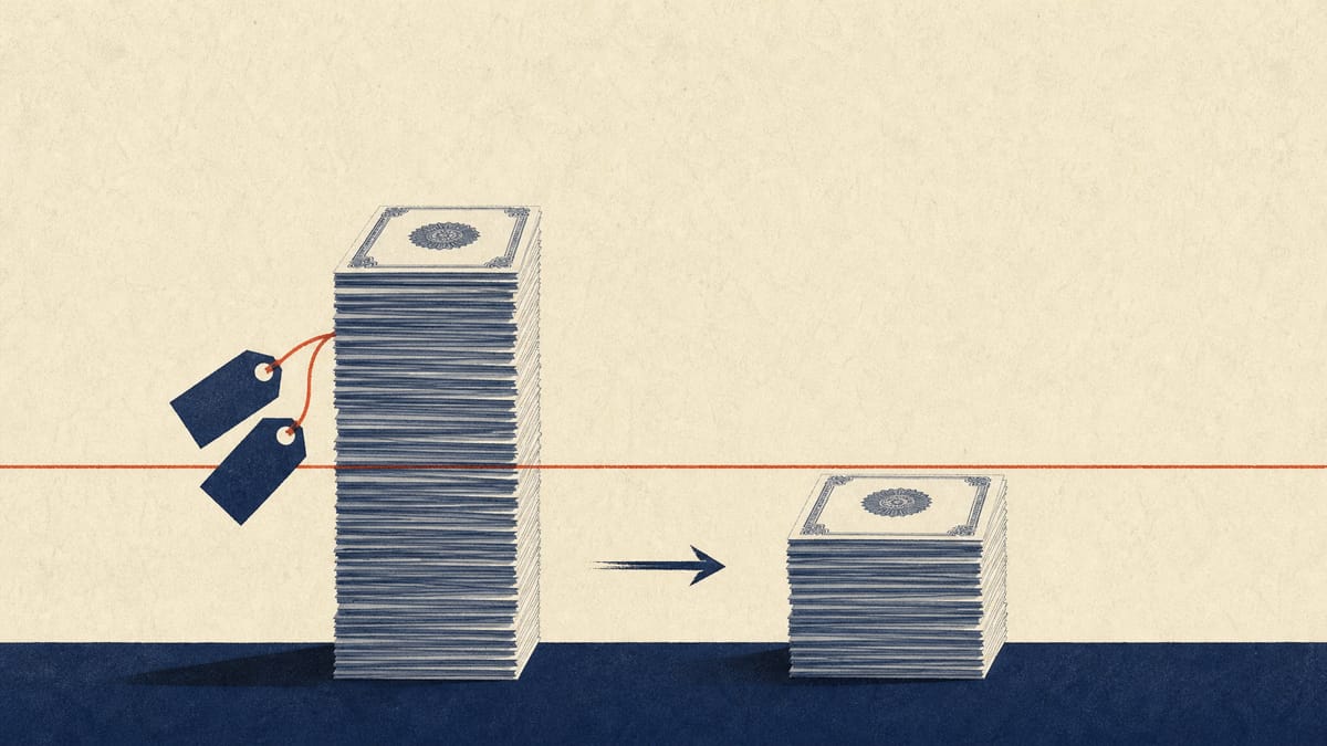 Editorial illustration of a column of share certificates dropping below a threshold line, with small collateral tags attached.