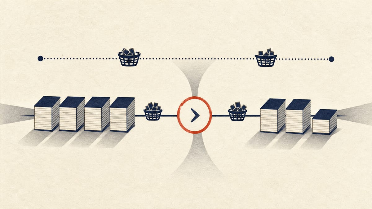 Abstract illustration of redemption payments moving through a clearing node, with the payment line shortening from four blocks to fewer while a separate trading lane stays unchanged.