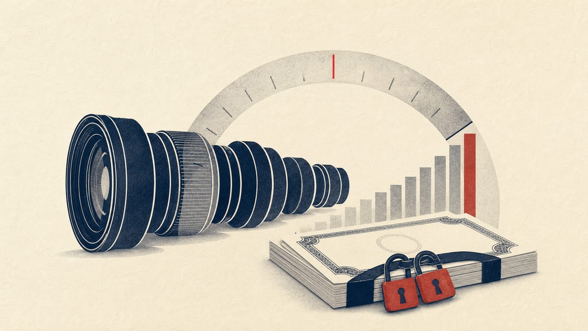 Stacked camera lens elements beside a rising ownership gauge and padlock symbols on share certificates, illustrating a growing shareholding in a lens maker.