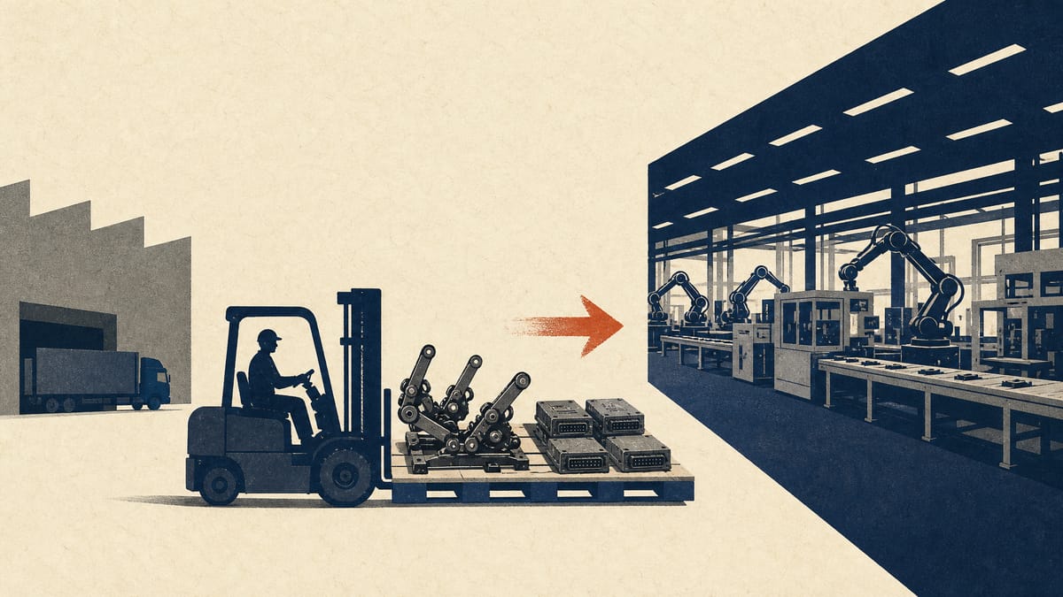 Automotive seat-adjuster parts and electronic units being moved from a smaller factory line to a larger one.