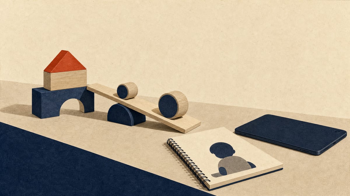 Wooden blocks and a toy ramp with wheels on a classroom floor, with an observation notebook and a face-down tablet nearby.