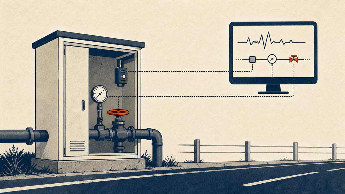 Illustration of a roadside gas pressure regulator cabinet with sensors and a shutoff valve linked by data lines to a remote monitoring display.