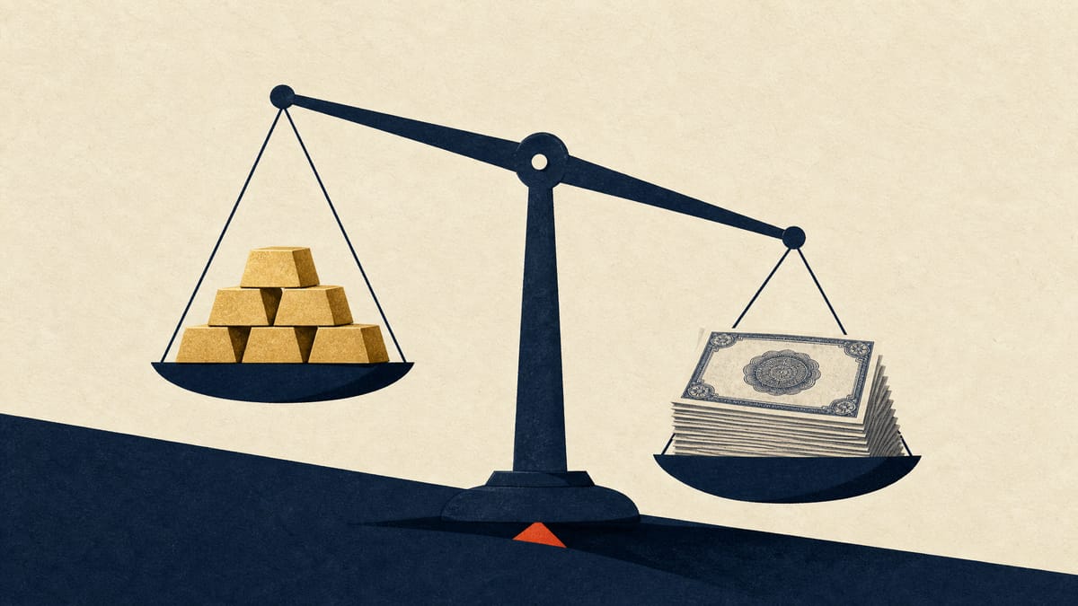 Illustration of gold bars and bond certificates on a balance scale tipping slightly downward, representing a decline in national reserve assets.