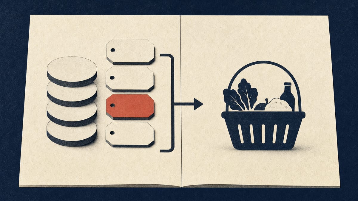 Illustration of budget line items being trimmed from stacked tokens to fund a basket of groceries, representing a food tax cut paid for by spending reviews.