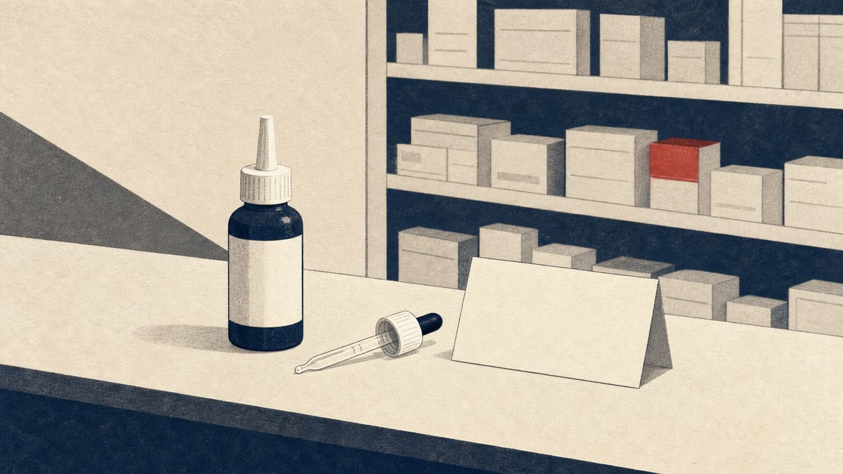 A pharmacy consultation counter with an unbranded topical solution bottle and dropper in front of shelves of plain medicine boxes.