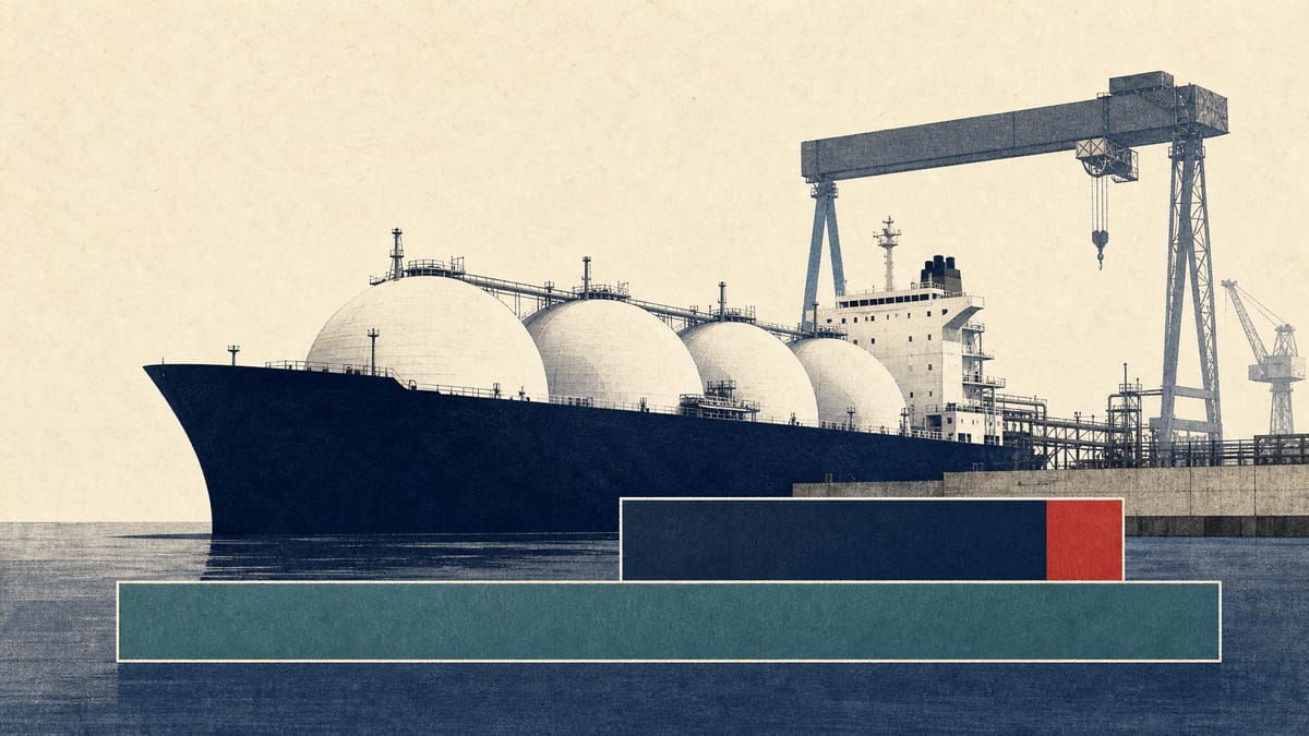 An LNG carrier at a fitting-out quay with cranes, beside a simple two-bar graphic representing five- and ten-year bond maturities.