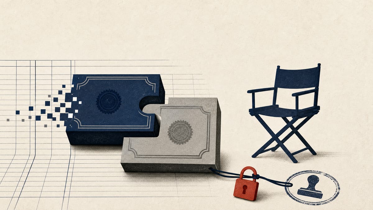 Illustration of a preferred share block converting into a common share block, next to an empty director's chair and a padlock representing transfer limits.