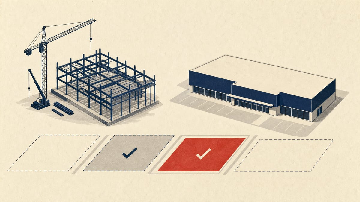 Illustration of a partly built discount store frame next to a finished store, with only some nearby building plots marked as approved.