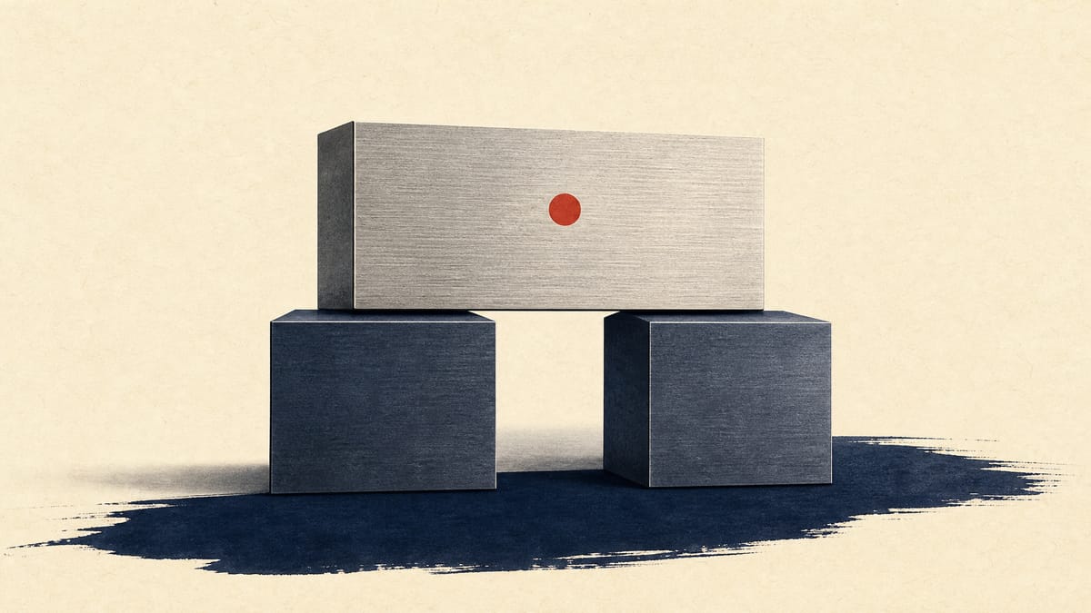 Two metal blocks sit under one larger block, an abstract picture of two companies placed under a single holding company.