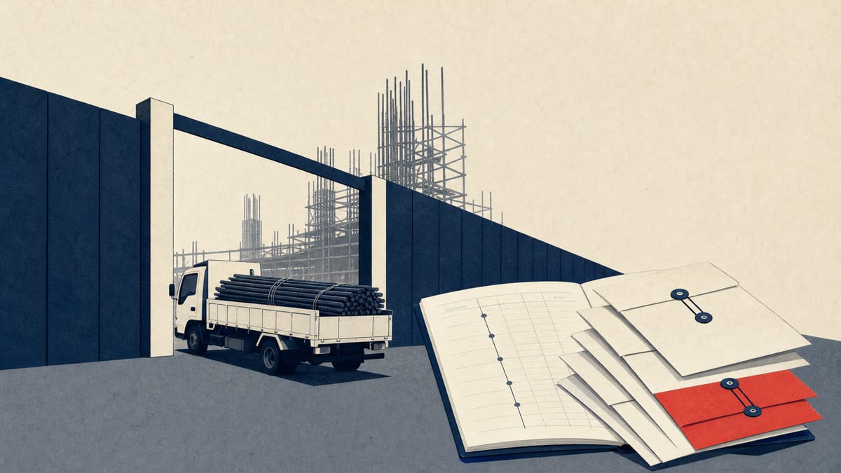 Illustration of a construction site entrance with a materials truck, rebar and scaffolding, and envelopes of cash payments beside a payment ledger.