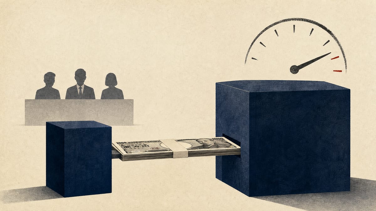 Abstract illustration of a smaller block lending across a short bridge of banknotes to a larger block, with a dial and a three-seat review panel behind.