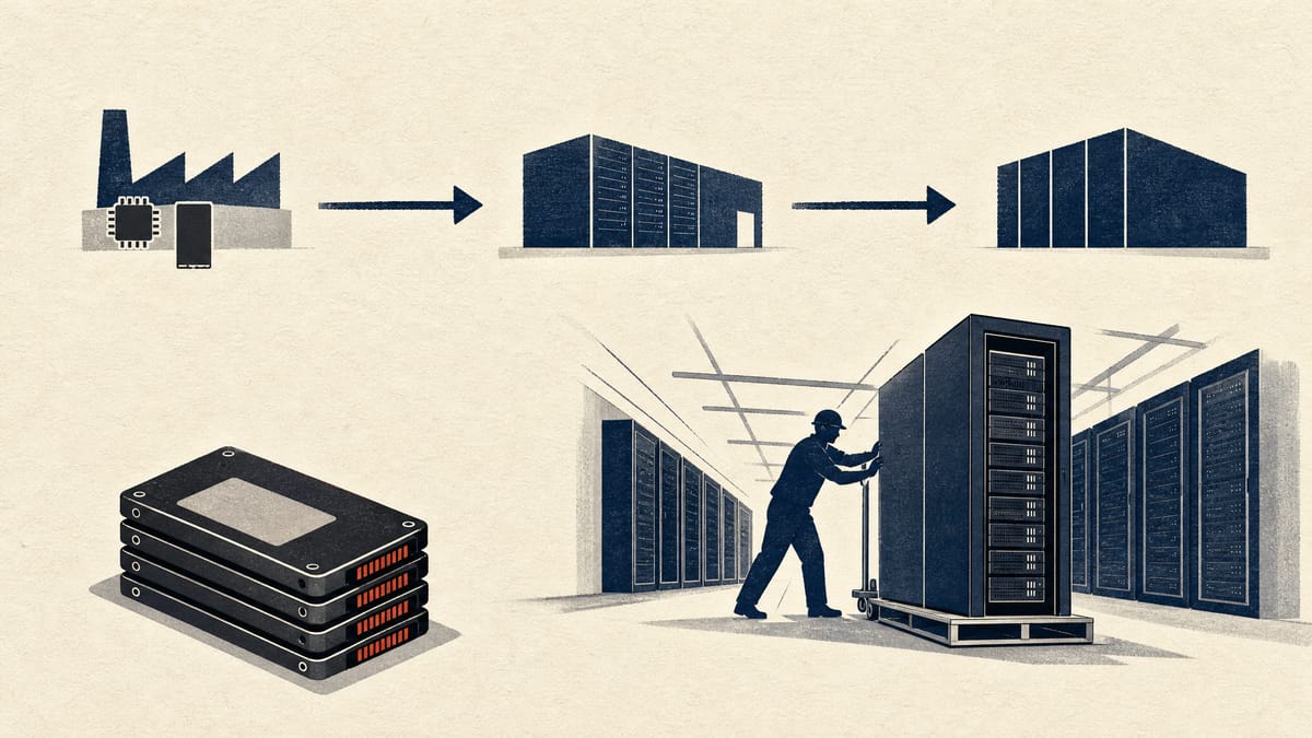 Server racks in a data hall with solid-state drive modules in the foreground and arrows showing a two-stage supply chain