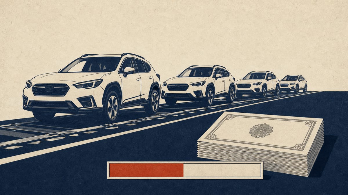 Finished cars lined up in a factory yard beside a half-filled gauge and a stack of share certificates, illustrating a partly used share buyback.