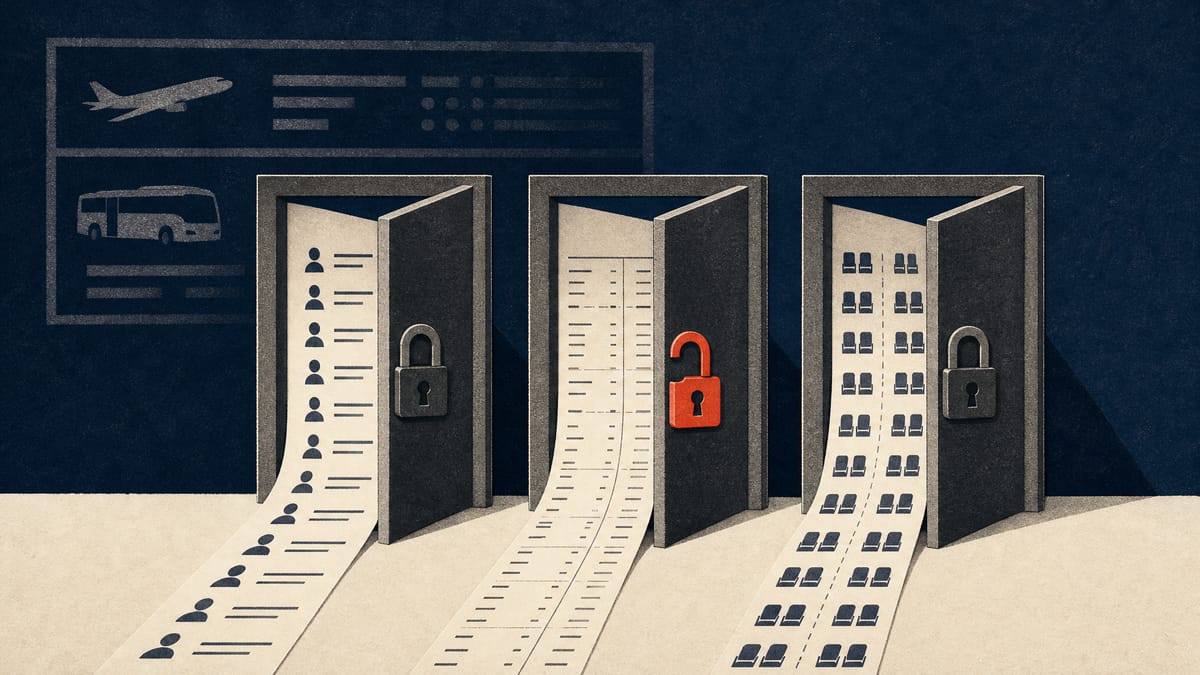 Illustration of three separately breached locks, each leading to a different stream of travel-booking data.