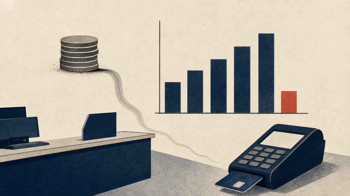 Editorial illustration of a bank counter and card terminal beside a bar chart in which revenue rises while profit shrinks