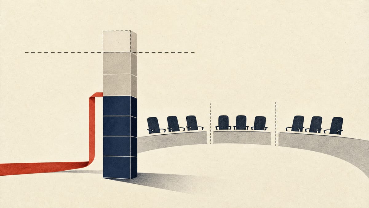 Stacked bars of share blocks rising toward a threshold line, with a ribbon of financing feeding one block and a board table of empty chairs grouped into three clusters.