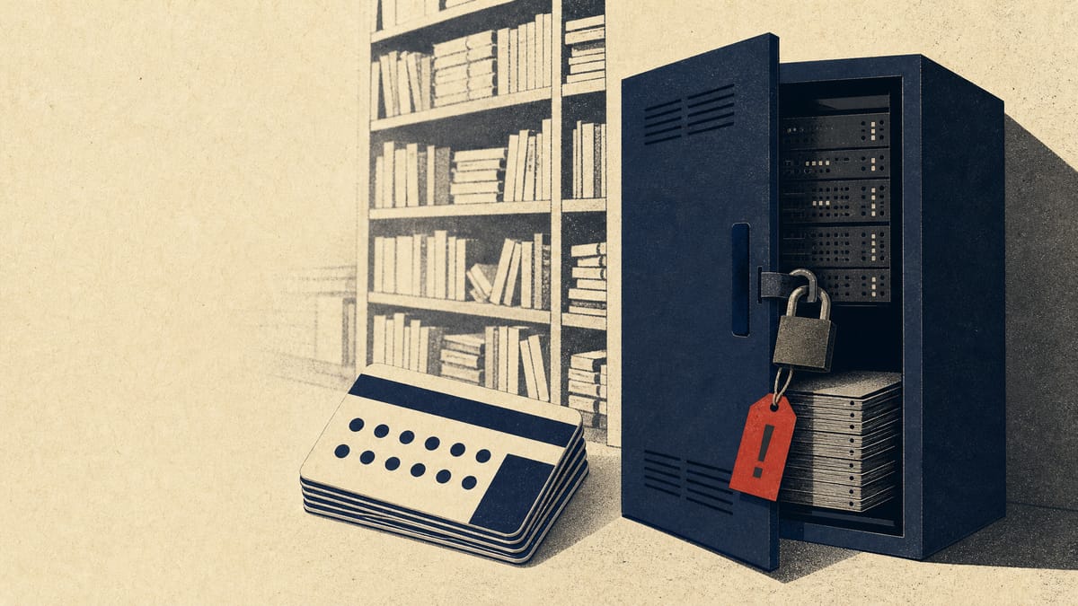 Loyalty point cards and a ledger beside a padlocked server cabinet in a secondhand bookstore backroom