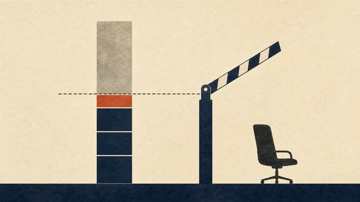 Abstract diagram of a small highlighted block within a stack of shares, a gate at a ceiling line and an empty board chair